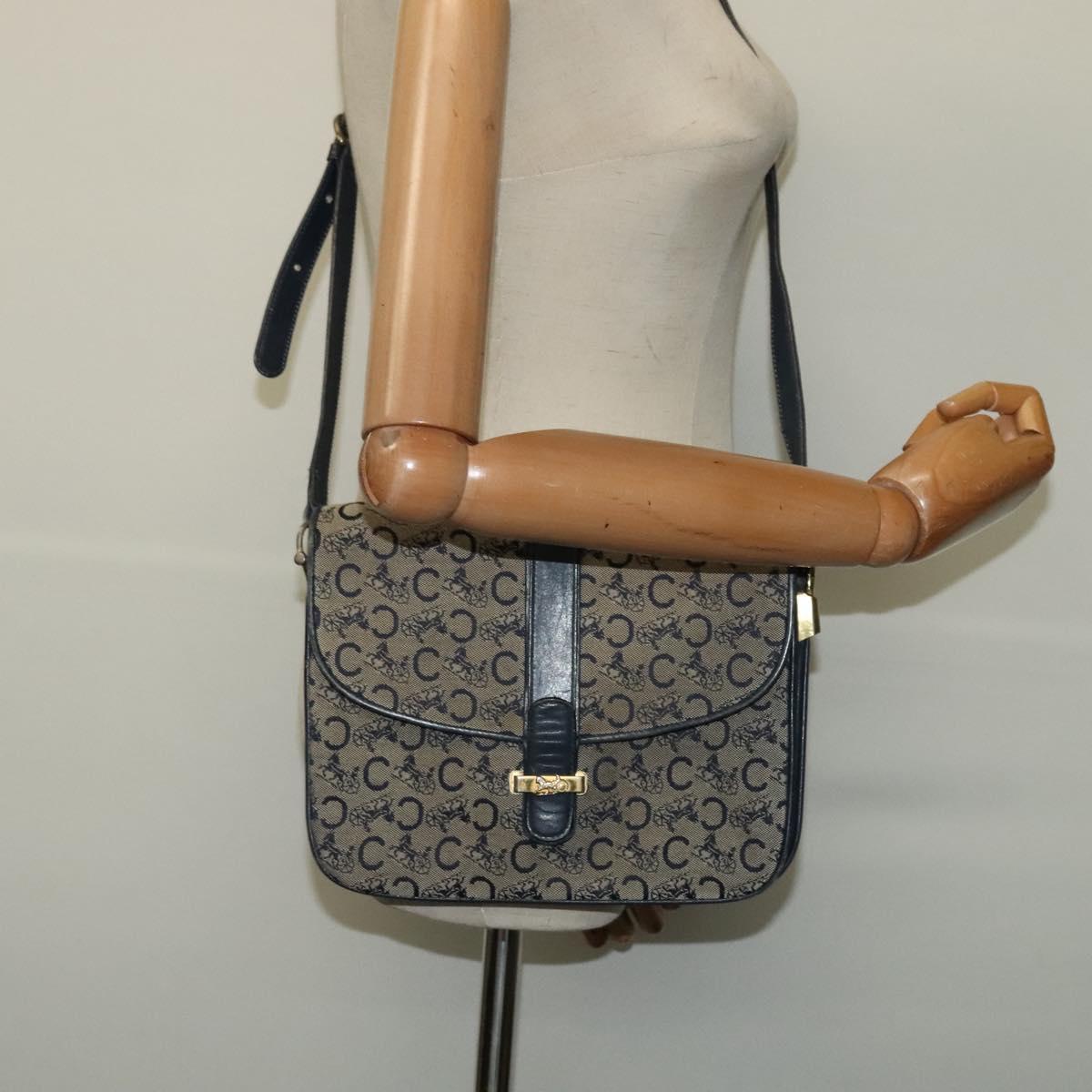 CELINE C Sulky Shoulder Bag Canvas Navy Gold Auth 128714