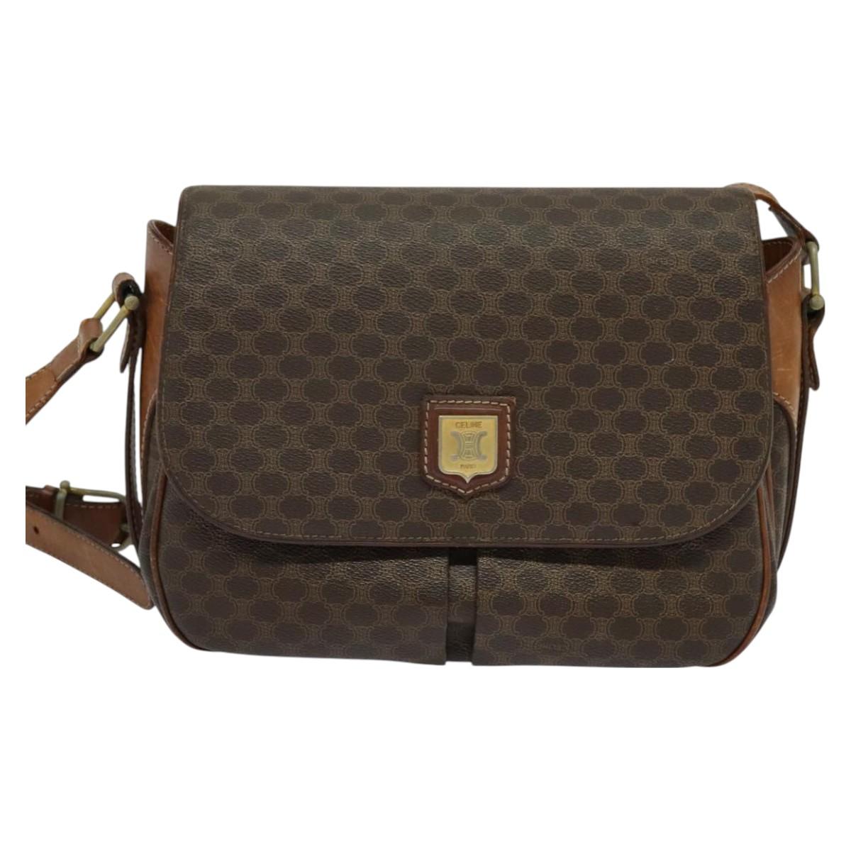 CELINE Macadam Canvas Shoulder Bag PVC Brown Gold Auth 128715