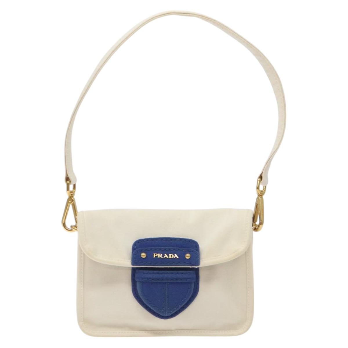 PRADA Shoulder Bag Canvas Silver Blue gold Auth 128734