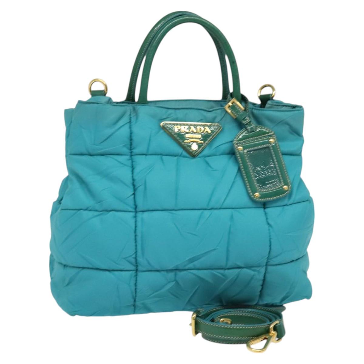 PRADA Hand Bag Nylon 2way Green Gold Auth 128737