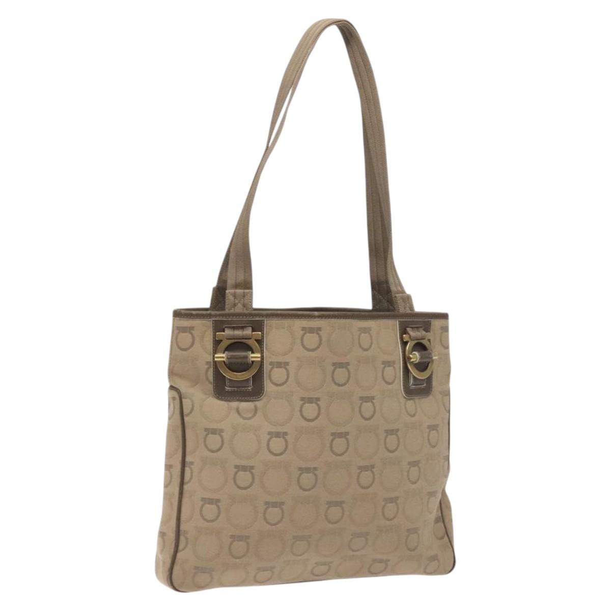 Salvatore Ferragamo Gancini Tote Bag Canvas Beige Gold Auth 128743