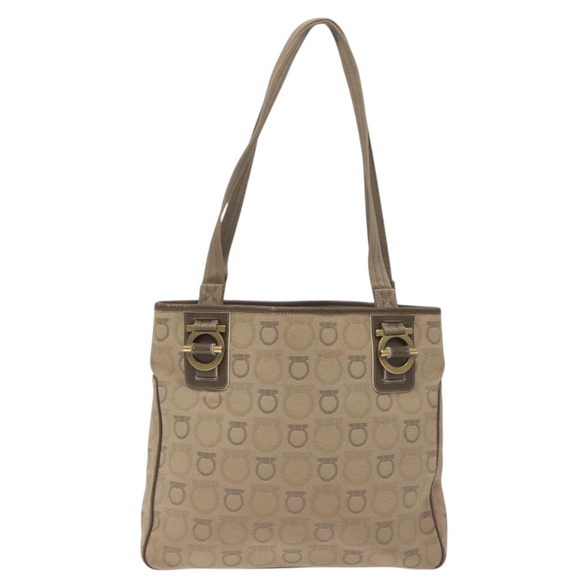 Salvatore Ferragamo Gancini Tote Bag Canvas Beige Gold Auth 128743