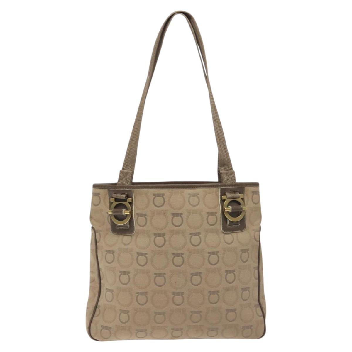 Salvatore Ferragamo Gancini Tote Bag Canvas Beige Gold Auth 128743