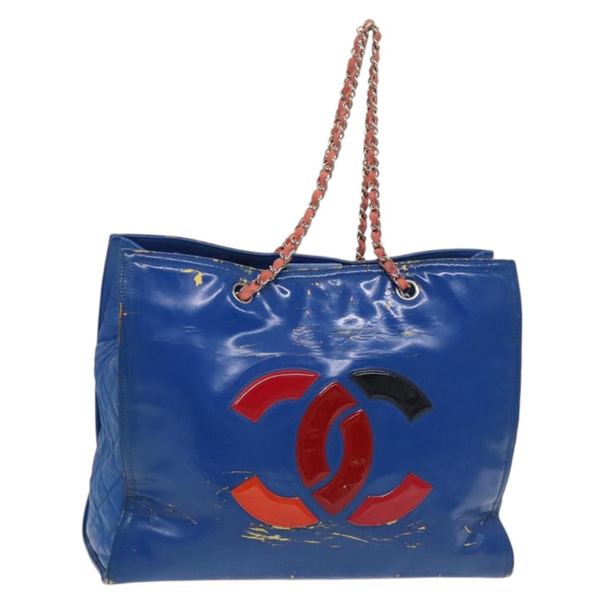 CHANEL Chain Tote Bag Patent leather Blue Silver CC Auth 128767
