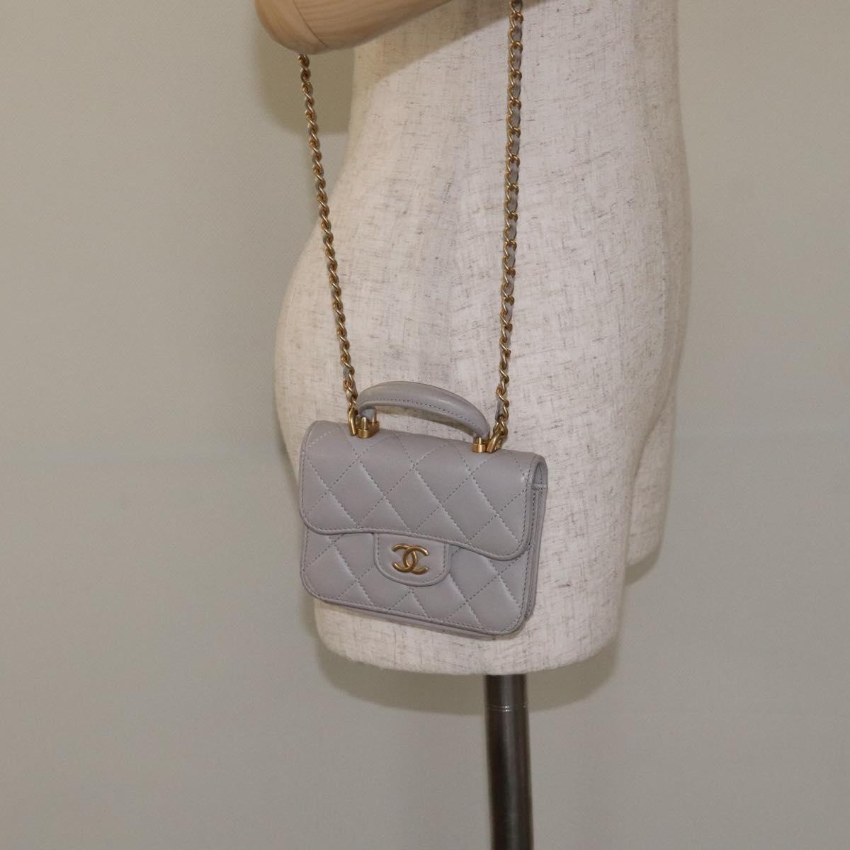 CHANEL Matelasse Chain Wallet Shoulder Bag Lamb Skin Gray Gold CC Auth 128807SAM