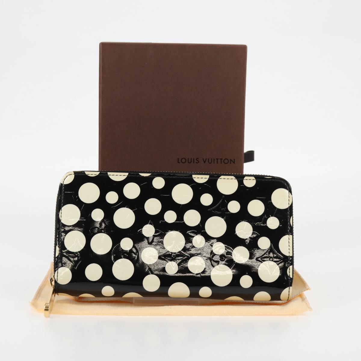 LOUIS VUITTON Vernis Yayoi Kusama Zippy Wallet White Black M91573 Auth 128837V