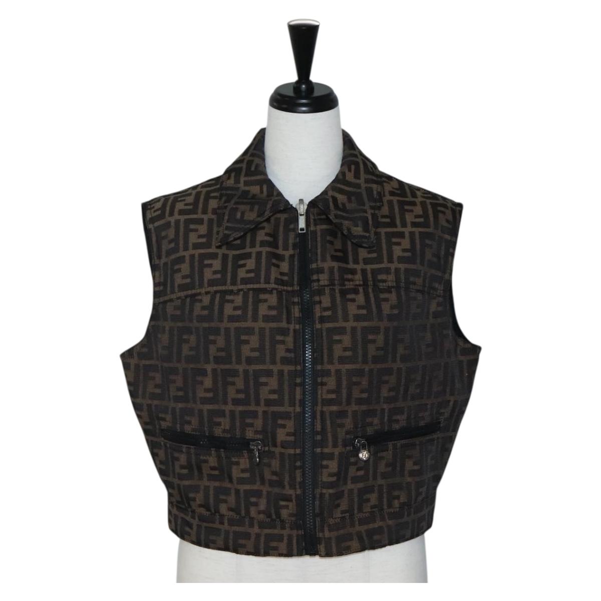 FENDI Zucca Canvas Reversible Sleeveless Best Jacket Brown D-HG-1234 Auth 128884