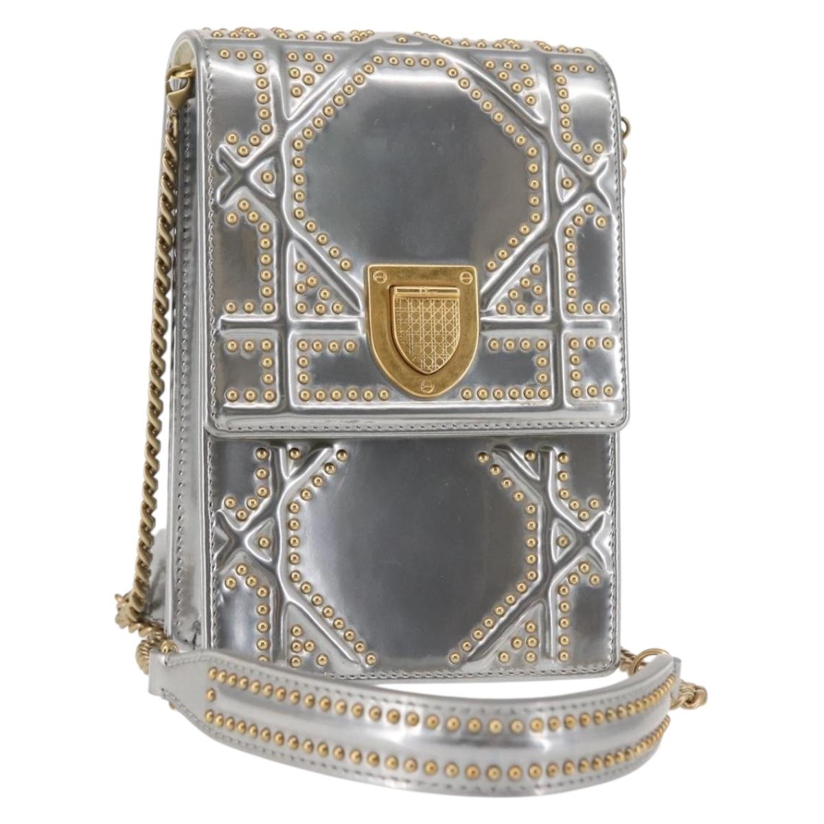 Christian Dior Chain Shoulder Bag Enamel Silver Auth 128918