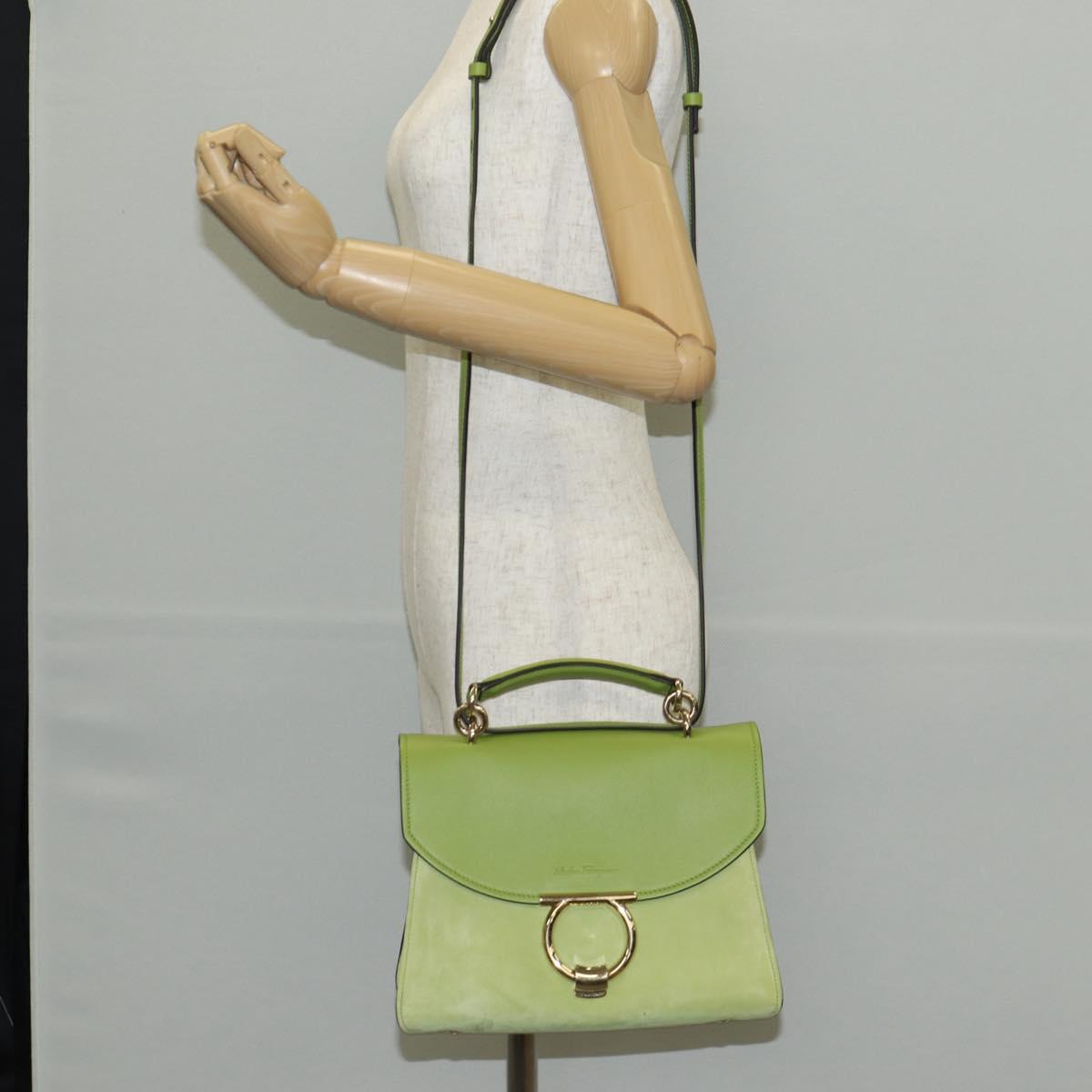 Salvatore Ferragamo Hand Bag Suede Leather 2way Green Gold Auth 128919V