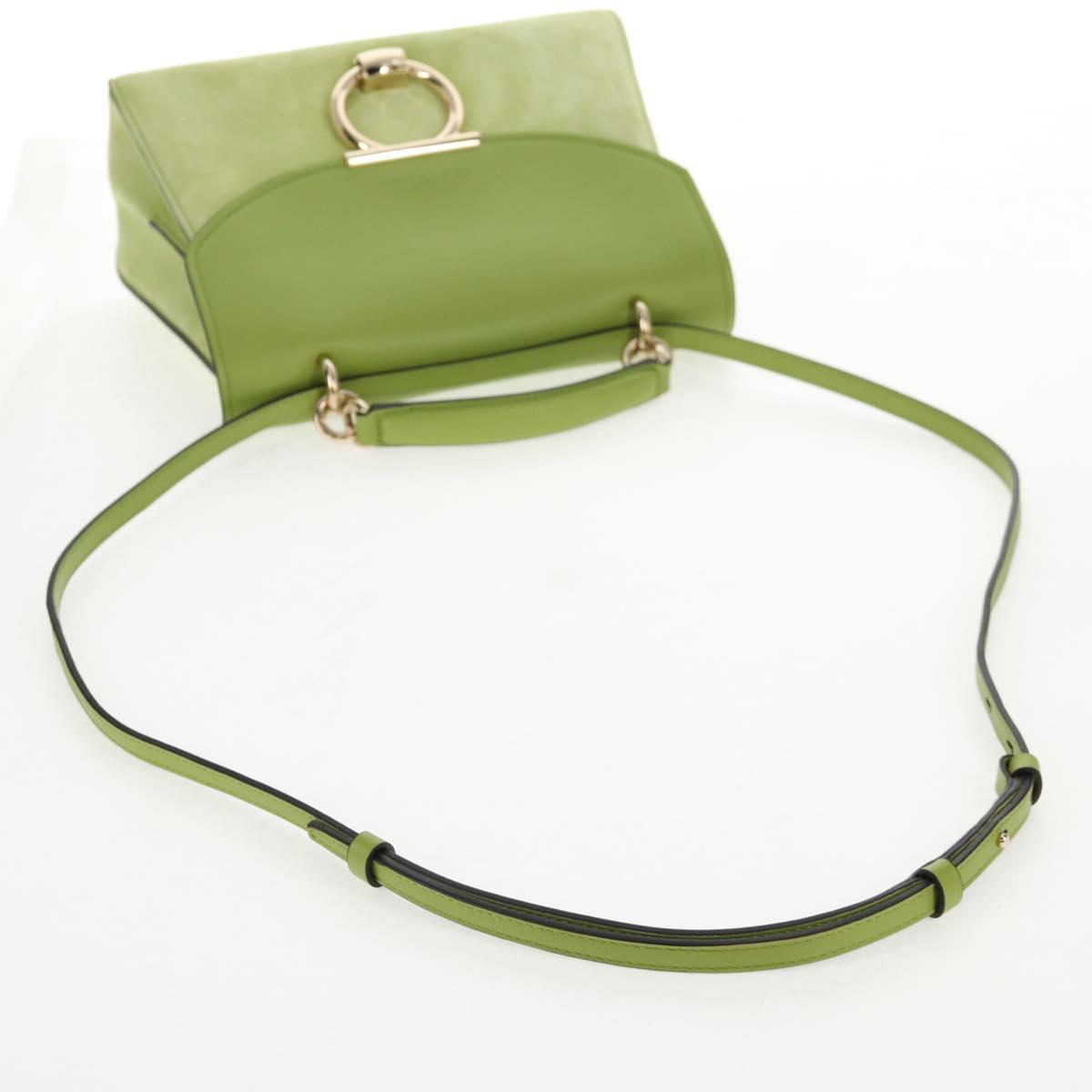Salvatore Ferragamo Hand Bag Suede Leather 2way Green Gold Auth 128919V