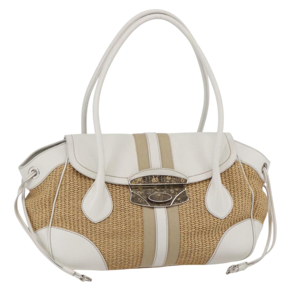 PRADA Tote Bag Raffia White Silver Auth 128924