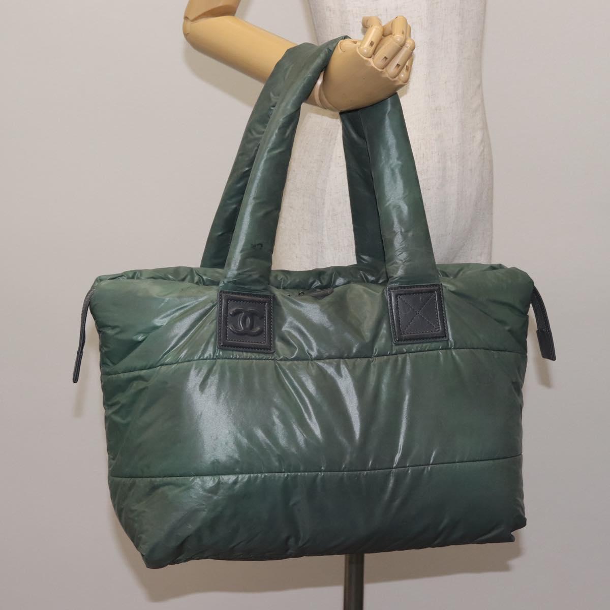 CHANEL Cococoon Tote Bag Nylon Khaki Silver CC Auth 128925
