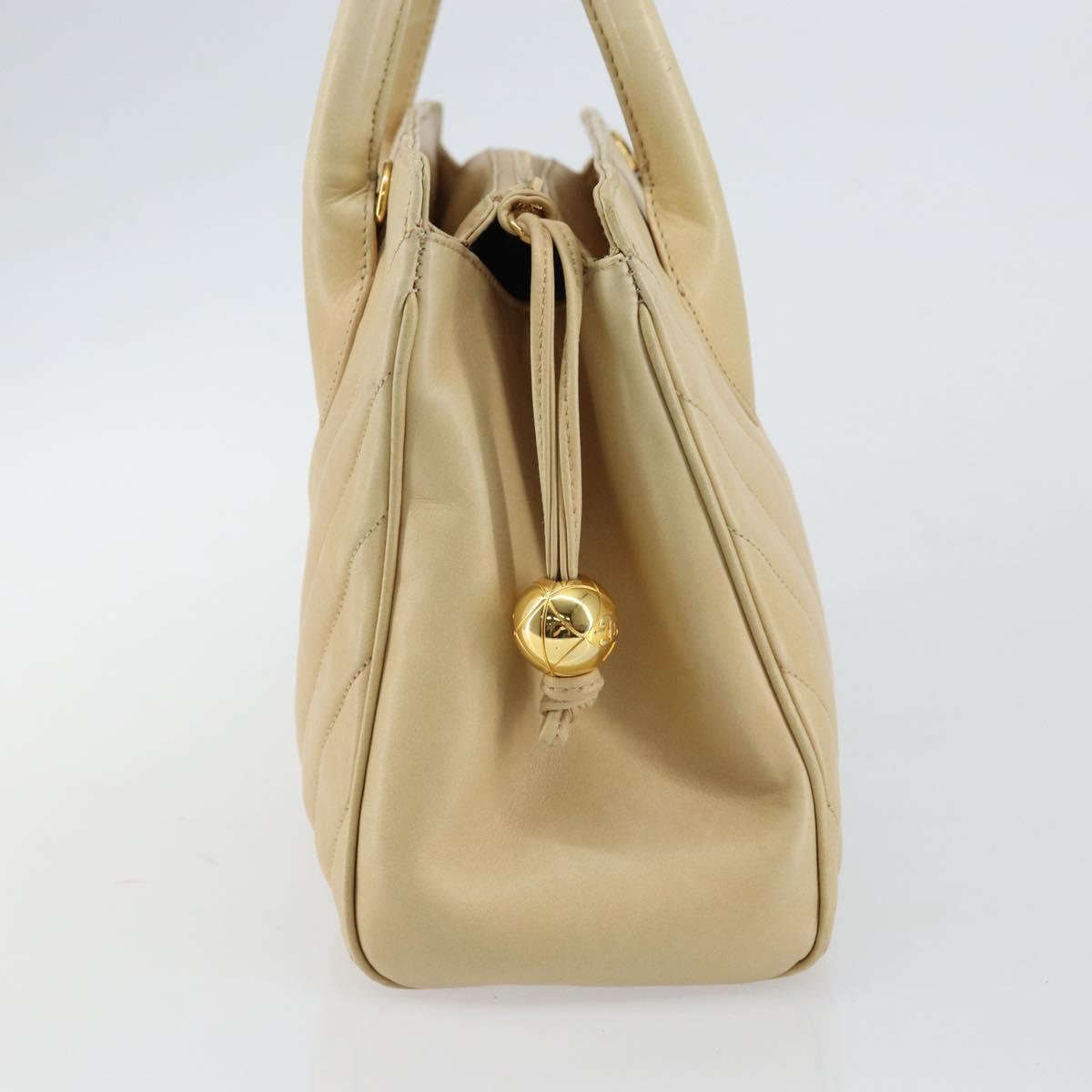 CHANEL V Stitch Hand Bag Lamb Skin Beige Gold CC Auth 128926