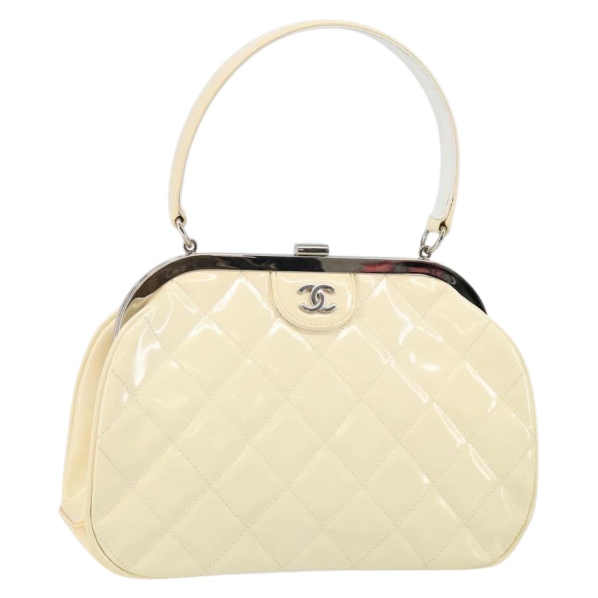 CHANEL Matelasse Gamaguchi Hand Bag Enamel White Silver CC Auth 128927