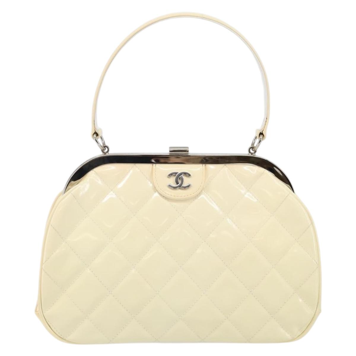 CHANEL Matelasse Gamaguchi Hand Bag Enamel White Silver CC Auth 128927