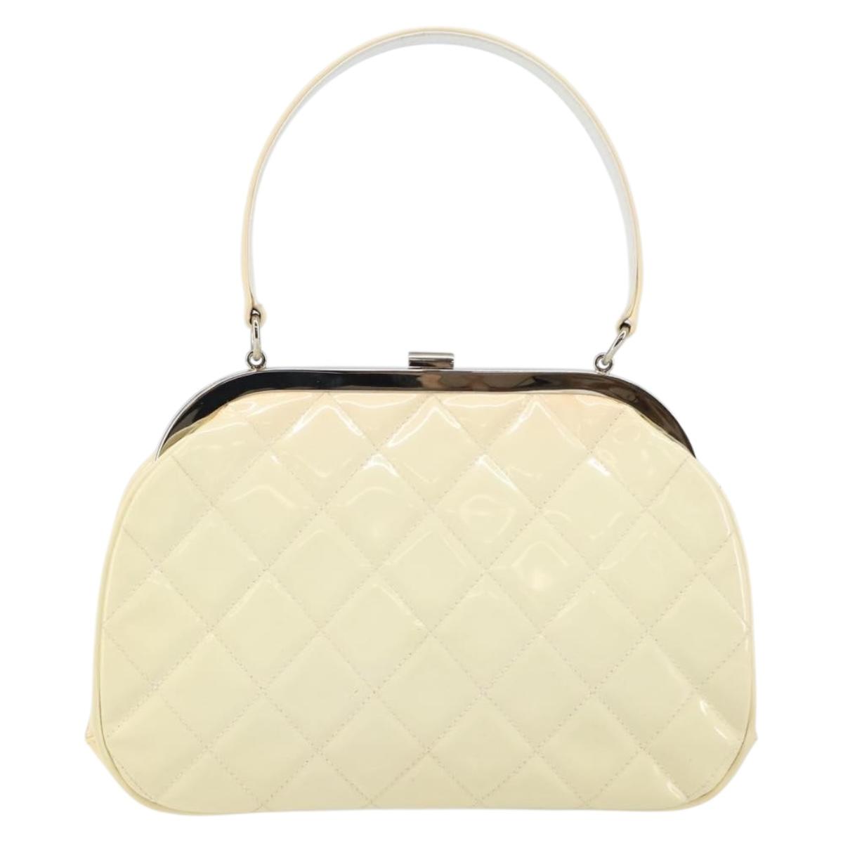 CHANEL Matelasse Gamaguchi Hand Bag Enamel White Silver CC Auth 128927