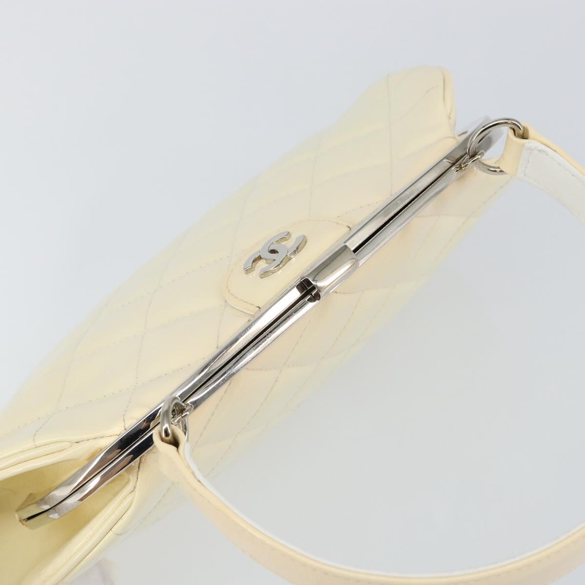 CHANEL Matelasse Gamaguchi Hand Bag Enamel White Silver CC Auth 128927