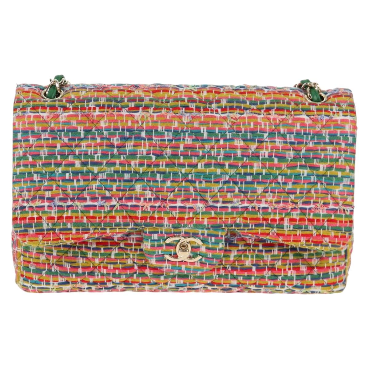 CHANEL Chain Double flap Big Matelasse Bag Cotton Multicolor CC Auth 128941SM