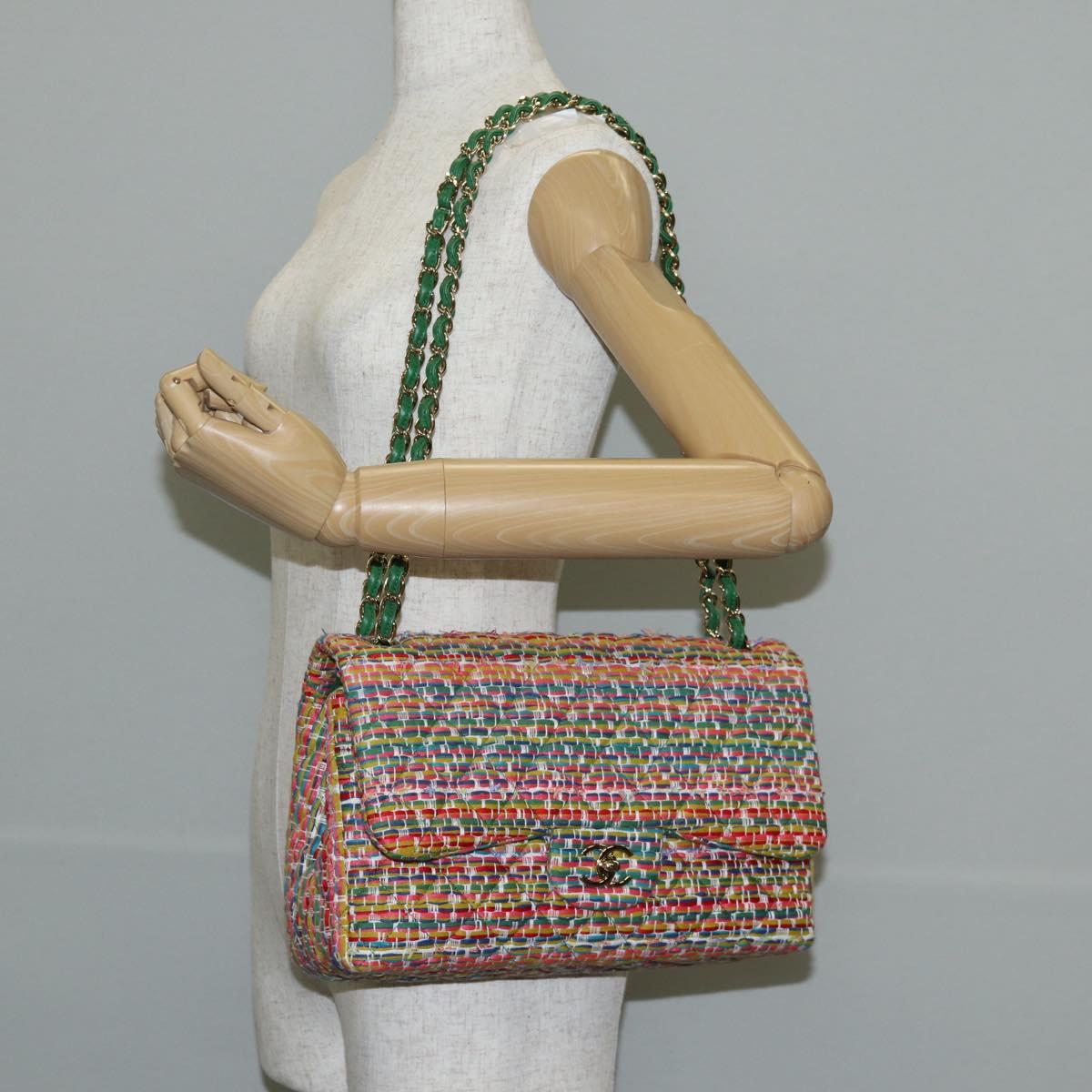 CHANEL Chain Double flap Big Matelasse Bag Cotton Multicolor CC Auth 128941SM