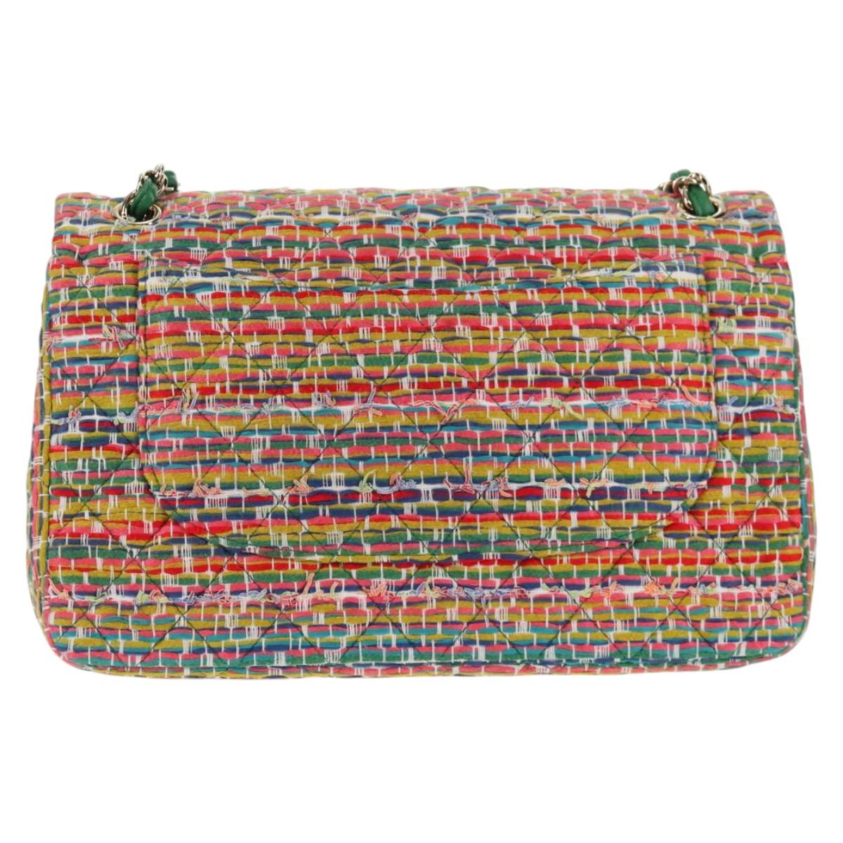 CHANEL Chain Double flap Big Matelasse Bag Cotton Multicolor CC Auth 128941SM