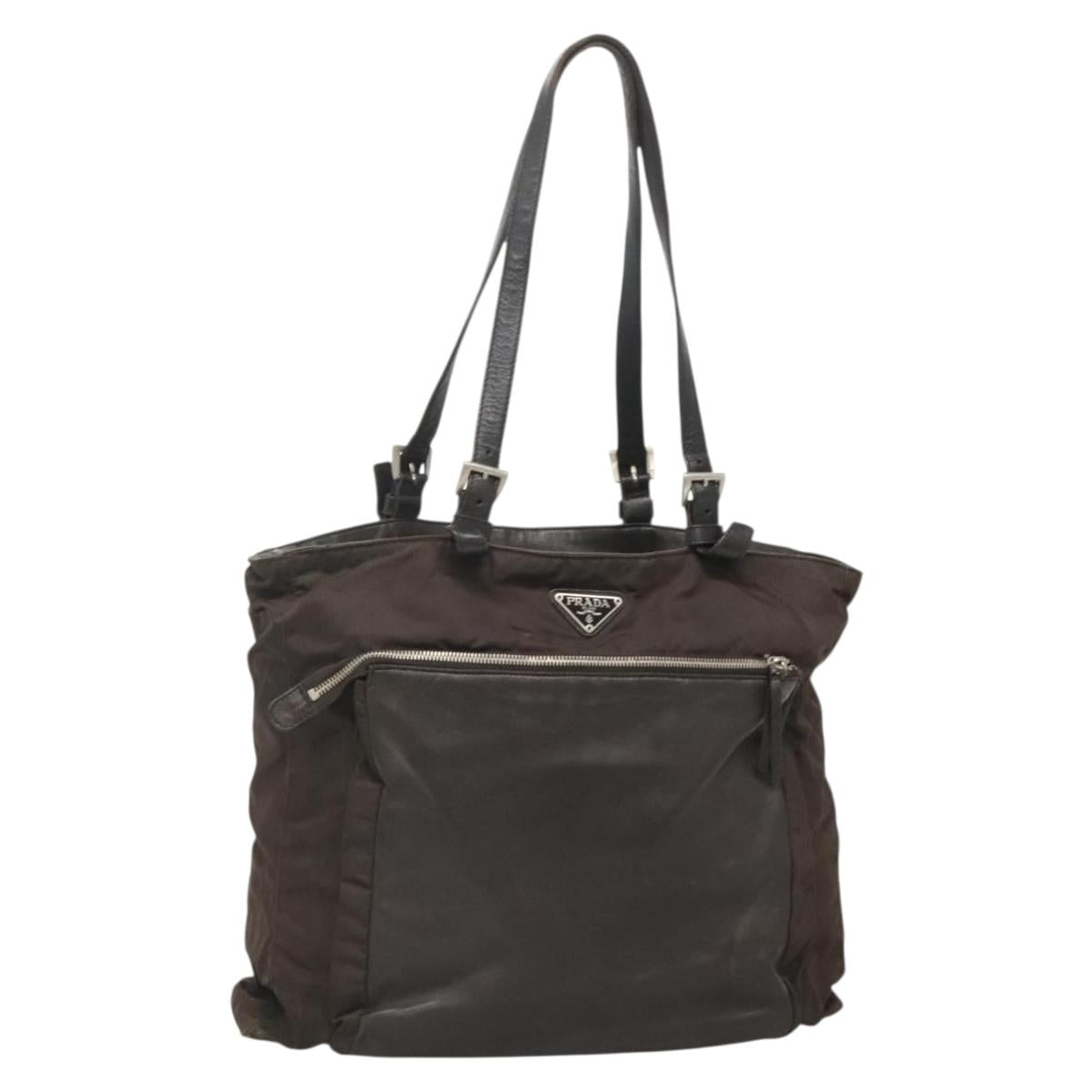 PRADA Tote Bag Nylon Leather Dark Brown Silver Auth 129068