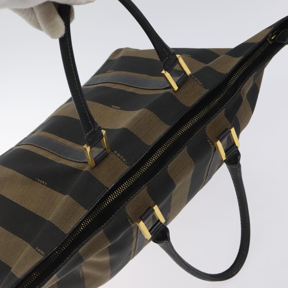 FENDI Pecan Canvas Hand Bag Brown Black gold Auth 129083