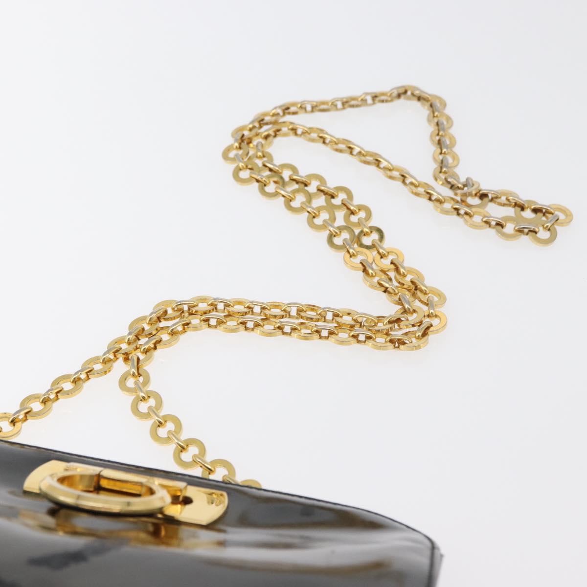 Salvatore Ferragamo Gancini Chain Shoulder Bag Patent Black Gold Auth 129160