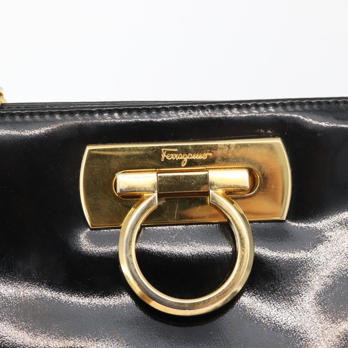 Salvatore Ferragamo Gancini Chain Shoulder Bag Patent Black Gold Auth 129160