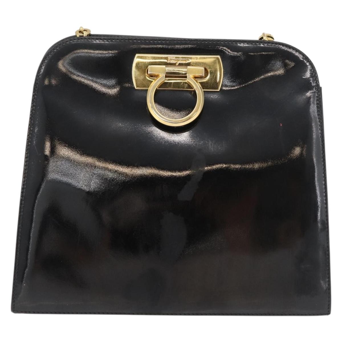 Salvatore Ferragamo Gancini Chain Shoulder Bag Patent Black Gold Auth 129160