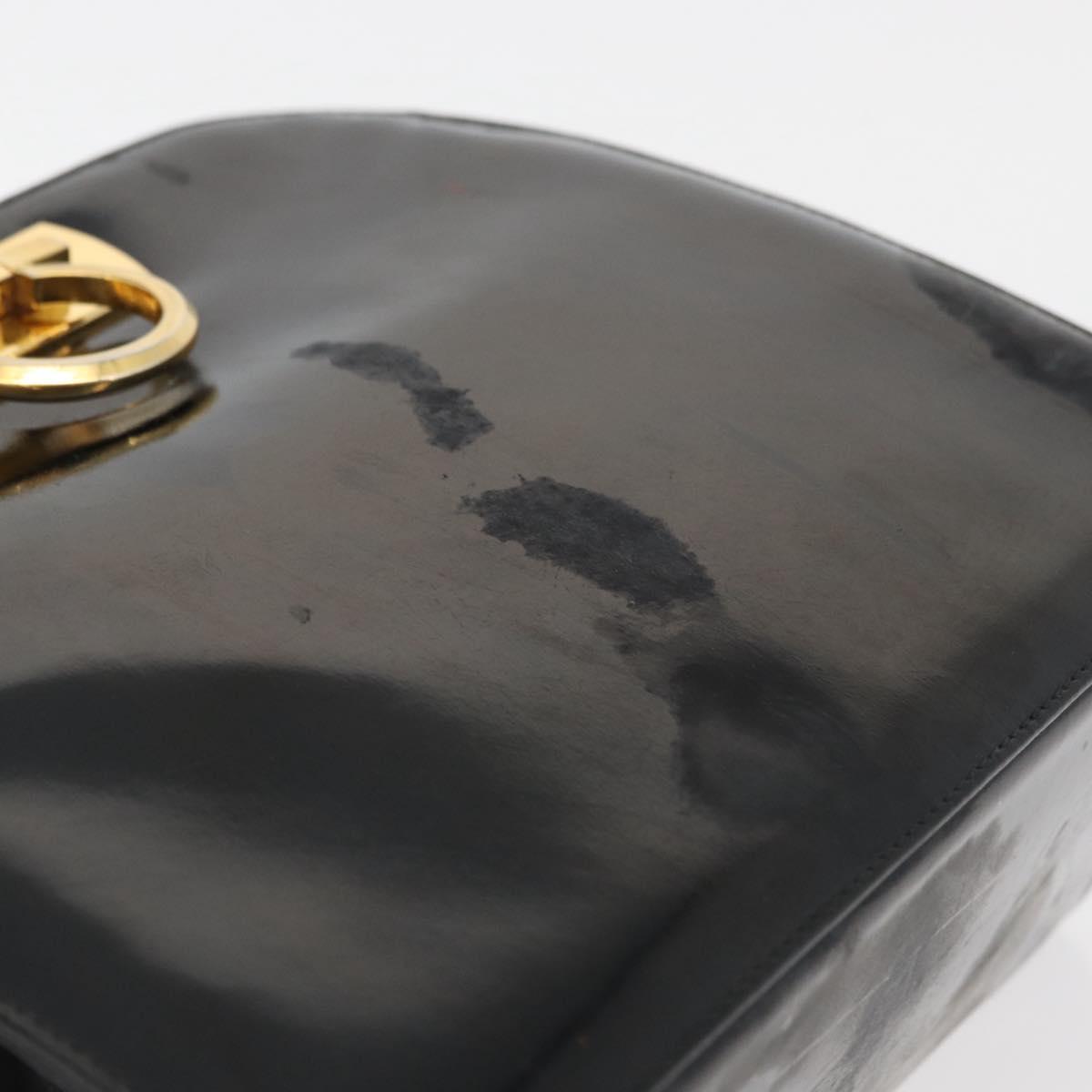 Salvatore Ferragamo Gancini Chain Shoulder Bag Patent Black Gold Auth 129160