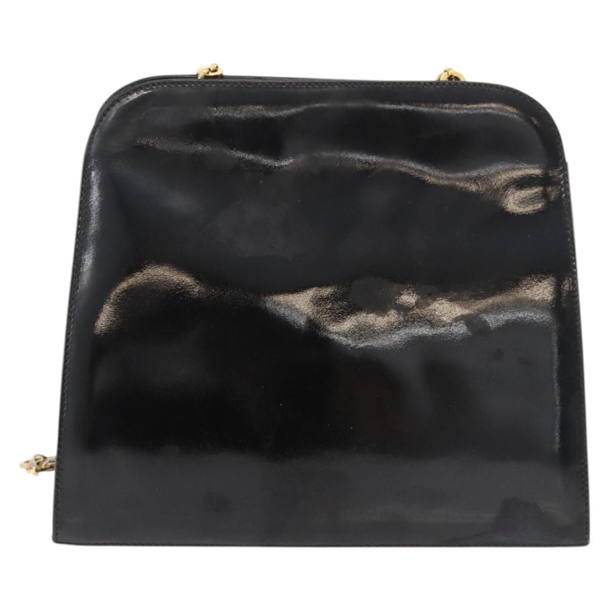 Salvatore Ferragamo Gancini Chain Shoulder Bag Patent Black Gold Auth 129160