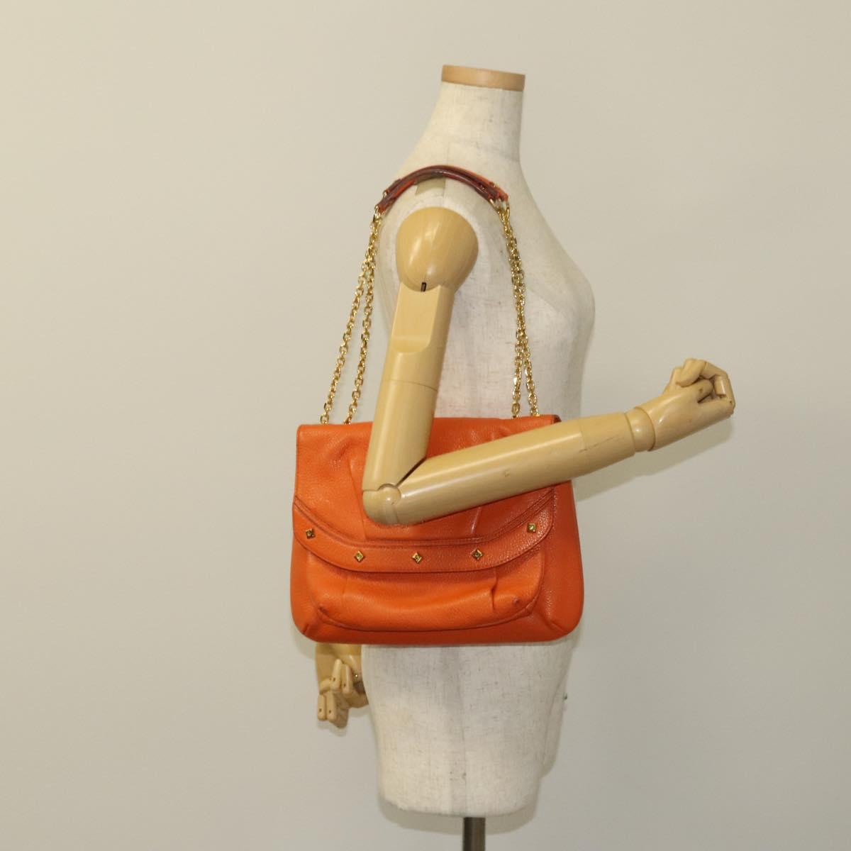 MCM Studs Chain Shoulder Bag Leather Orange Gold Auth 129209