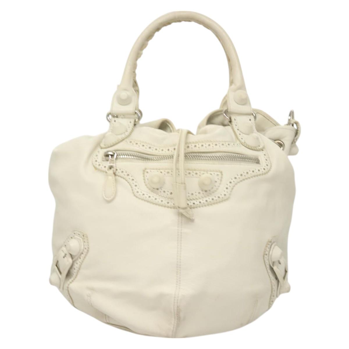 BALENCIAGA The Giant Pom Pom Bag Leather 2way White Silver 204540 Auth 129254