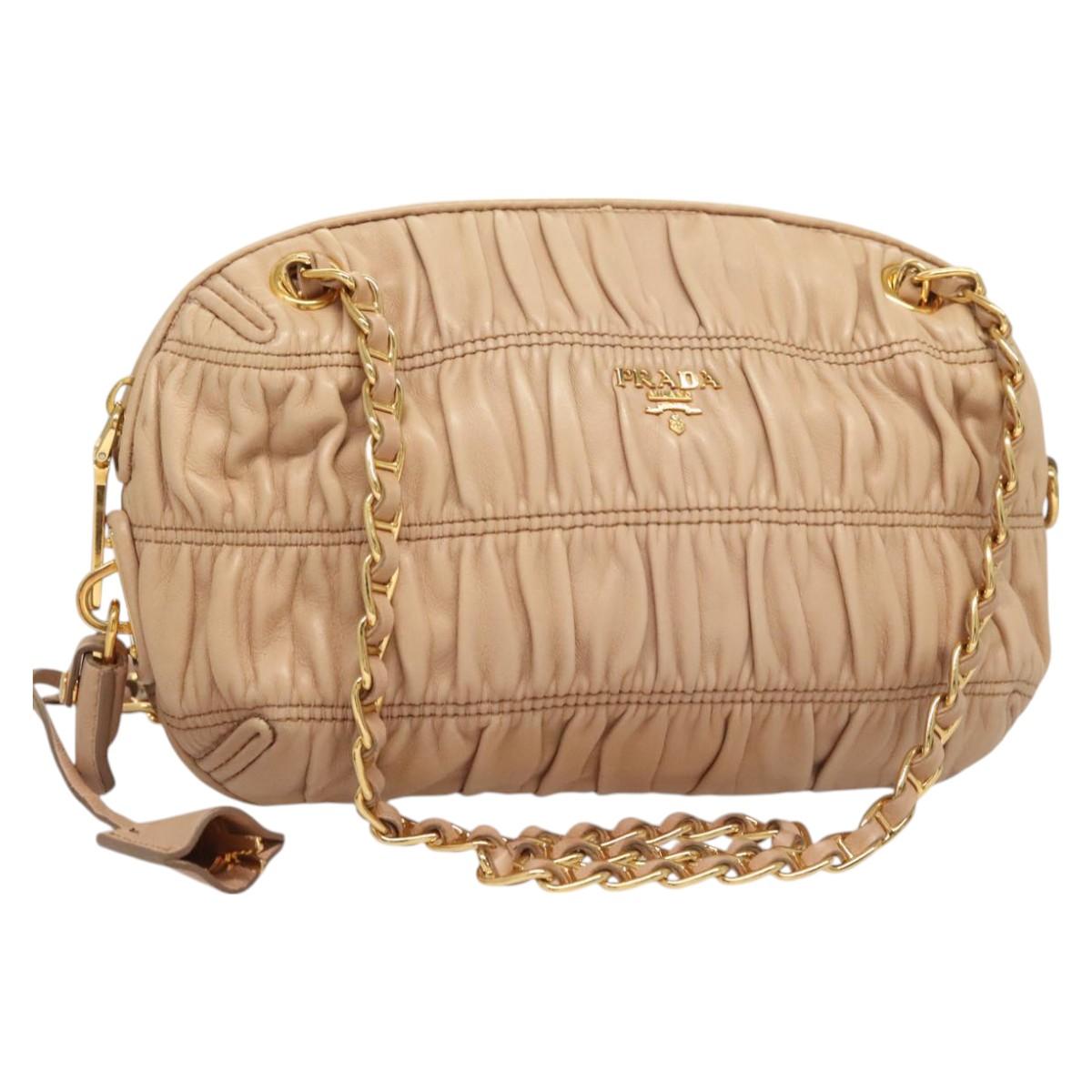 PRADA Gathered Chain Shoulder Bag Leather Pink Gold Auth 129324