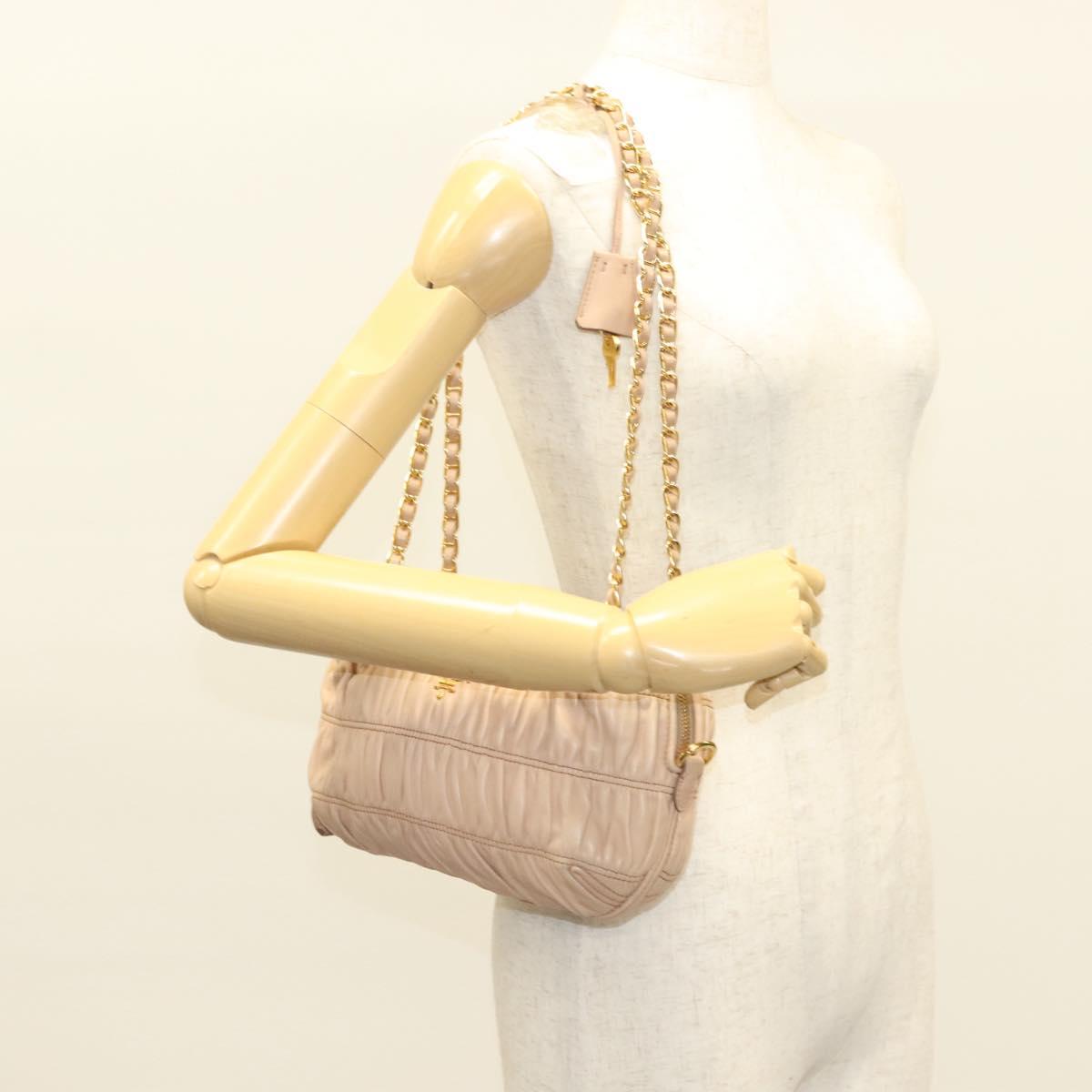 PRADA Gathered Chain Shoulder Bag Leather Pink Gold Auth 129324