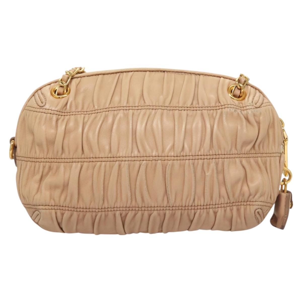 PRADA Gathered Chain Shoulder Bag Leather Pink Gold Auth 129324
