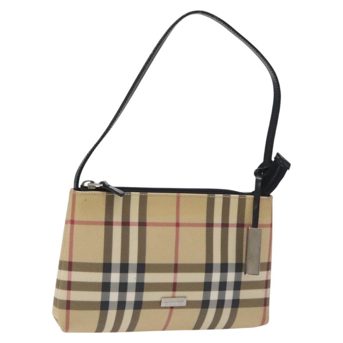 BURBERRY Nova Check Accessory Pouch PVC Beige Silver Auth 129325