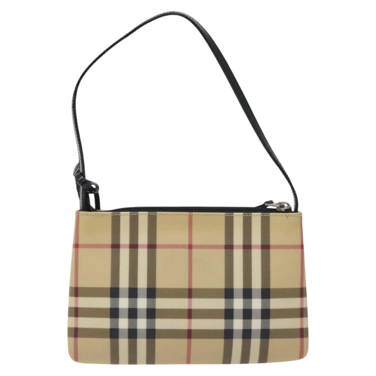 BURBERRY Nova Check Accessory Pouch PVC Beige Silver Auth 129325