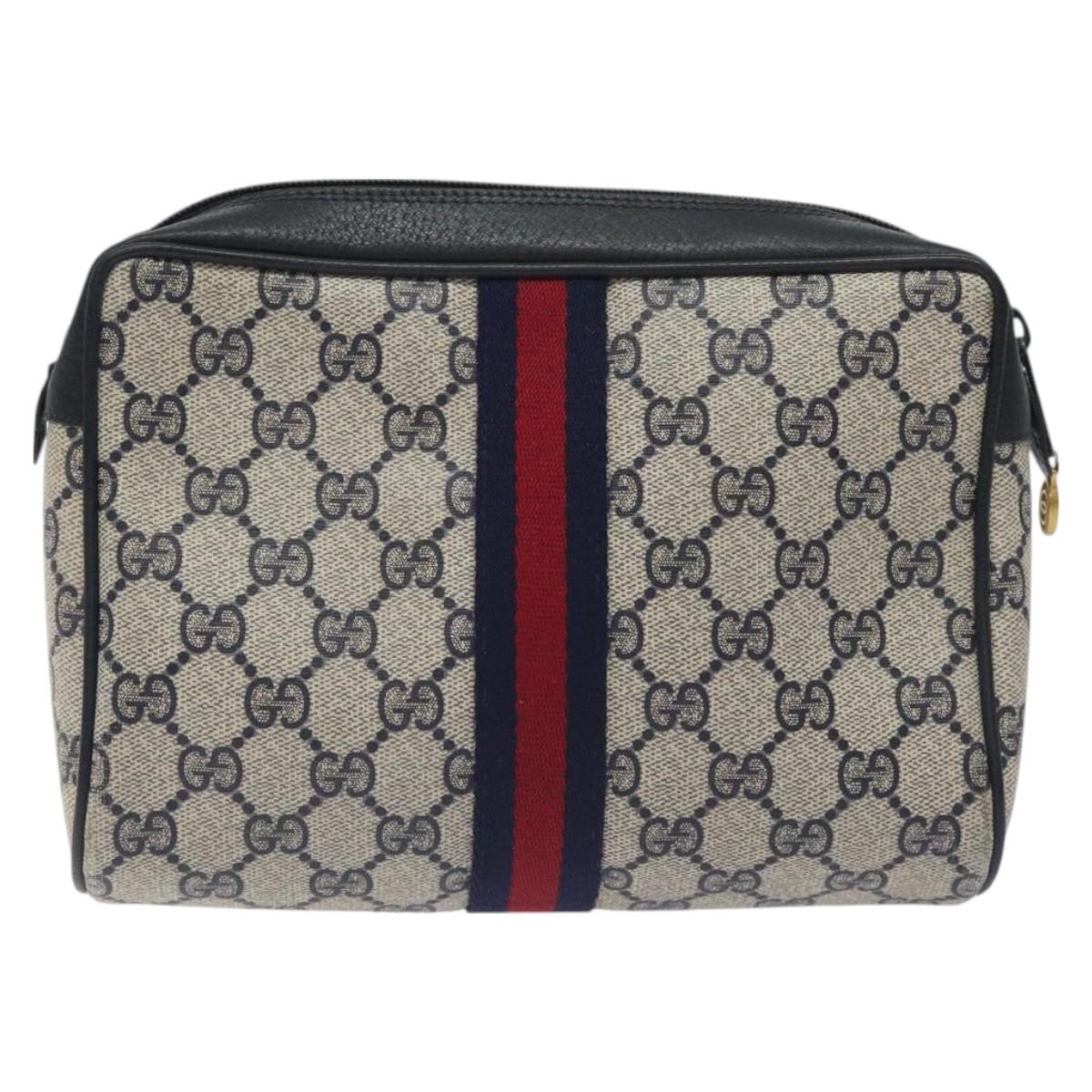 GUCCI GG Supreme Sherry Line Clutch Bag PVC Navy Gold Red 56 01 012 Auth 129340