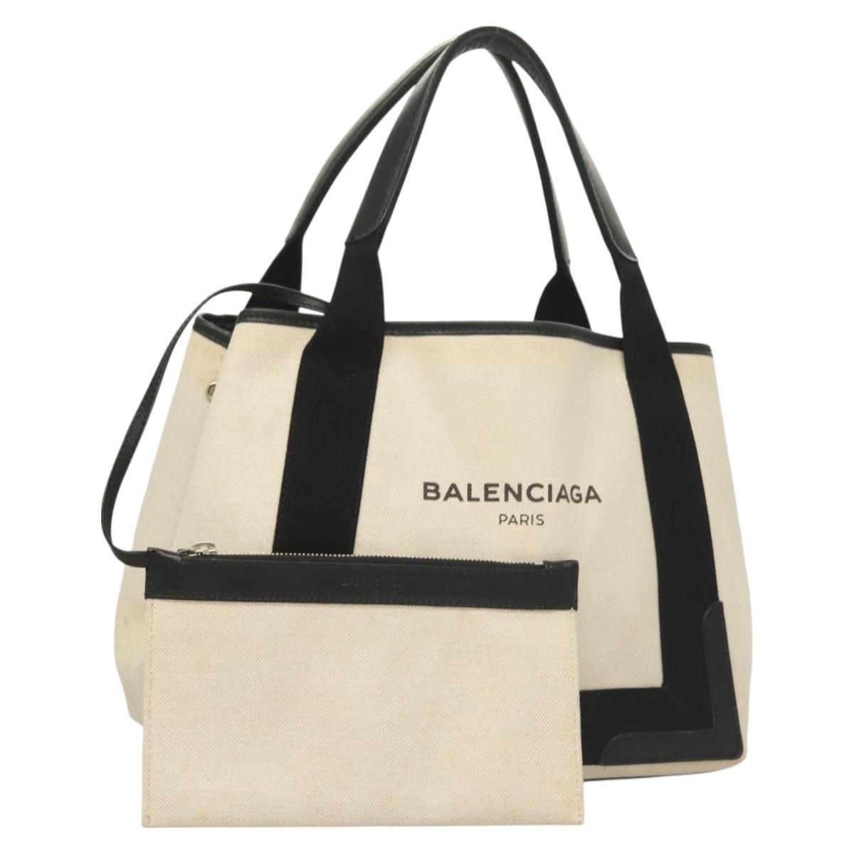 BALENCIAGA Navy Cabas S Hand Bag Canvas Black White 339933 Auth 129400