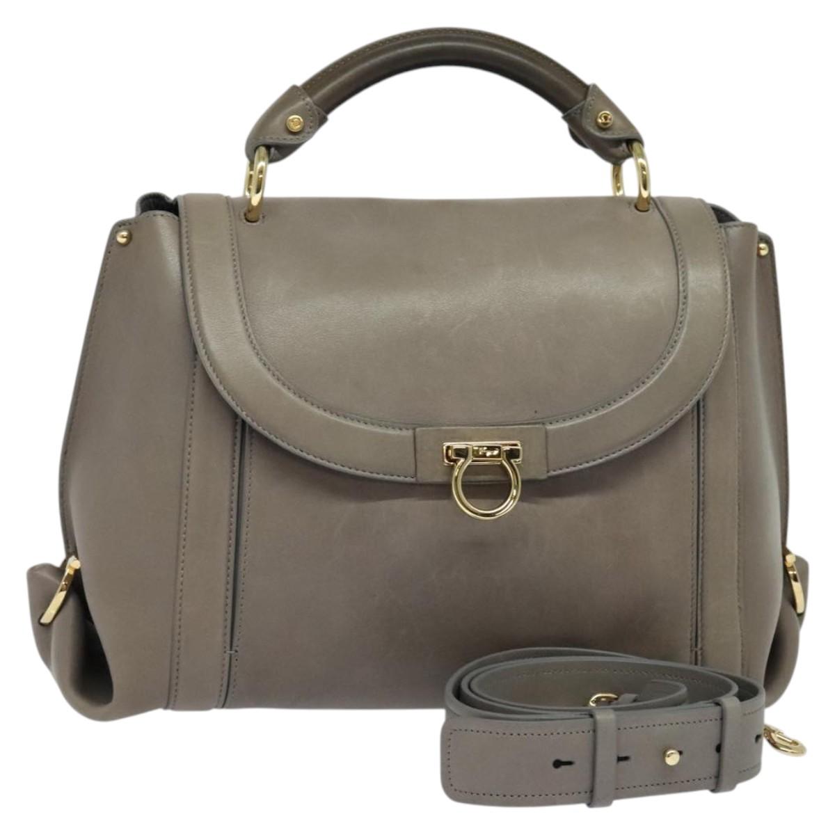 Salvatore Ferragamo Gancini Hand Bag Leather 2way Gray Gold Auth 129402