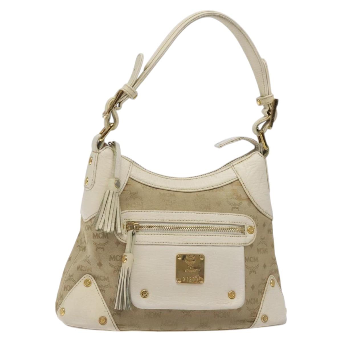 MCM Vicetos Logogram Shoulder Bag Canvas Beige Gold Auth 129427