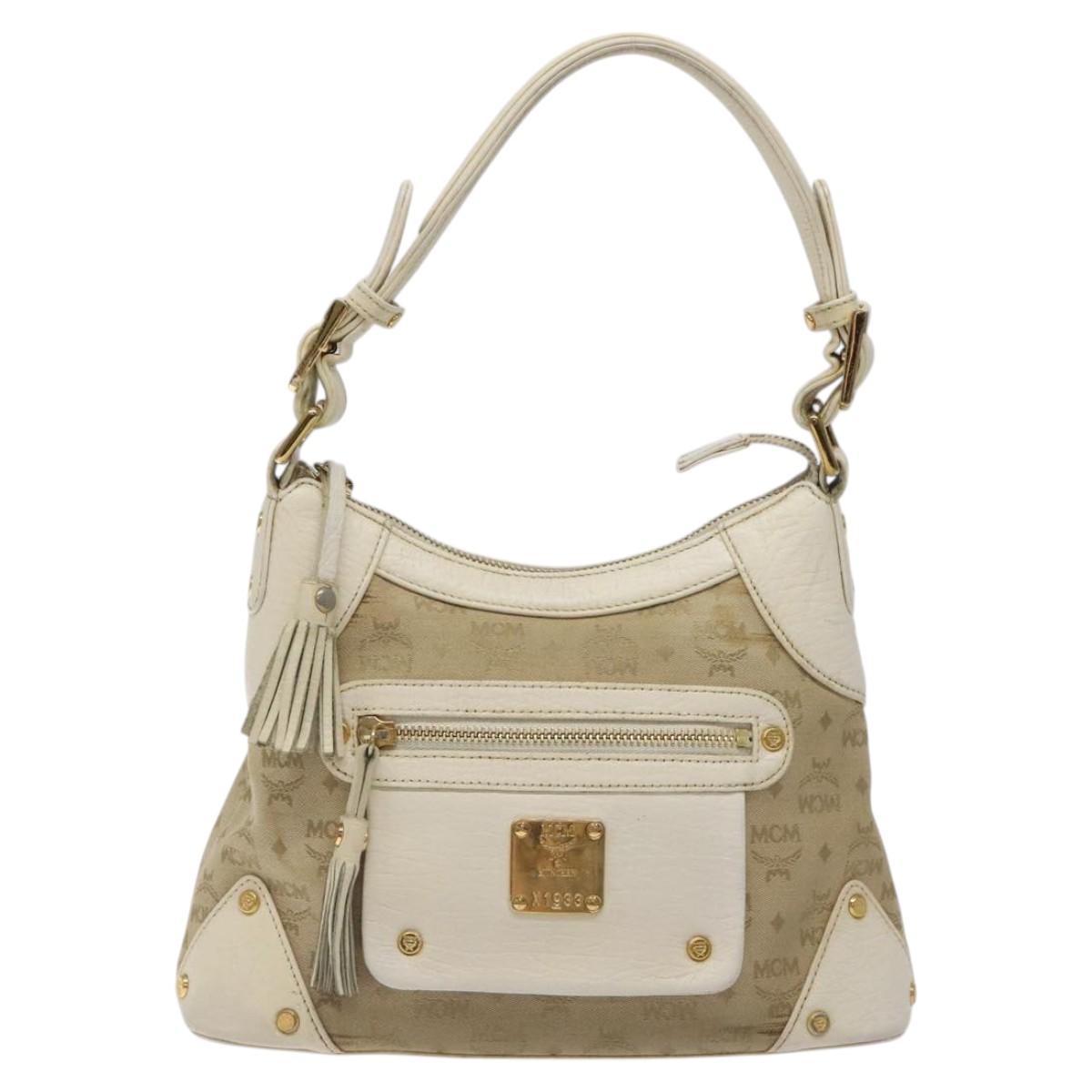 MCM Vicetos Logogram Shoulder Bag Canvas Beige Gold Auth 129427