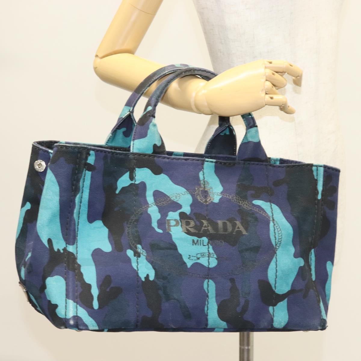 PRADA Canapa MM Hand Bag Canvas Blue Silver Camouflage Auth 129470