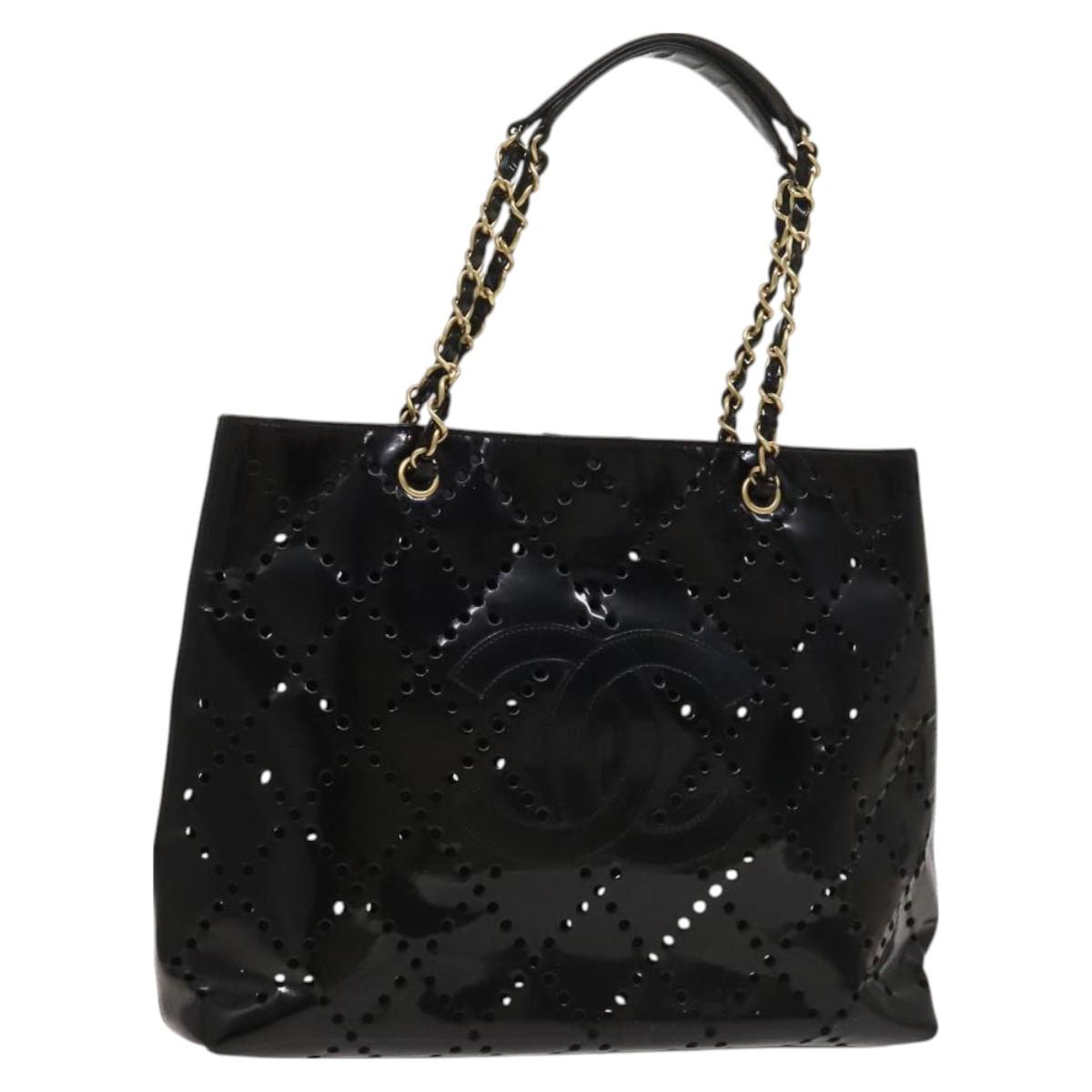 CHANEL COCO Mark Chain Tote Bag Patent leather Black Gold CC Auth 129525