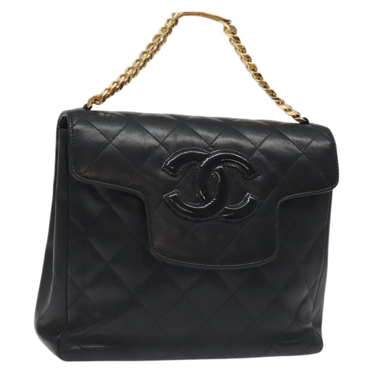 CHANEL Matelasse COCO Mark Chain Hand Bag Lamb Skin Black Gold CC Auth 129531V