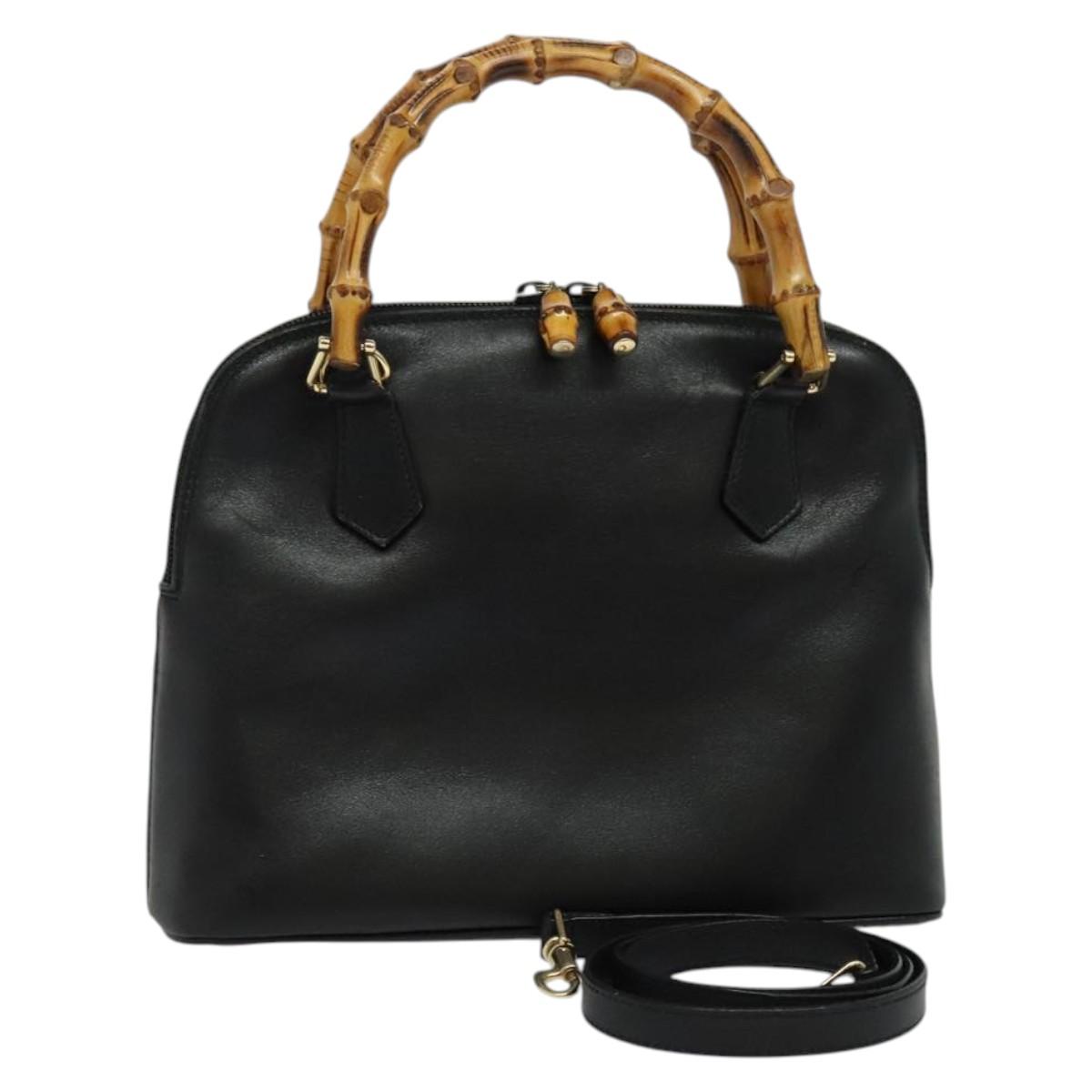 GUCCI Bamboo Hand Bag Leather 2way Black Gold 000 2865 0290 Auth 129536