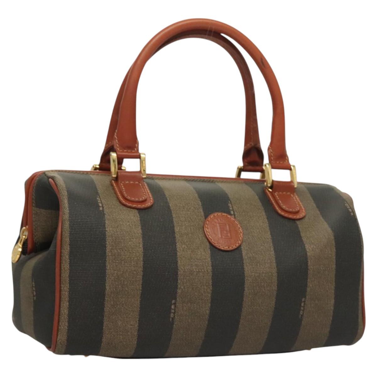 FENDI Pecan Canvas Hand Bag Black Brown Auth 129549