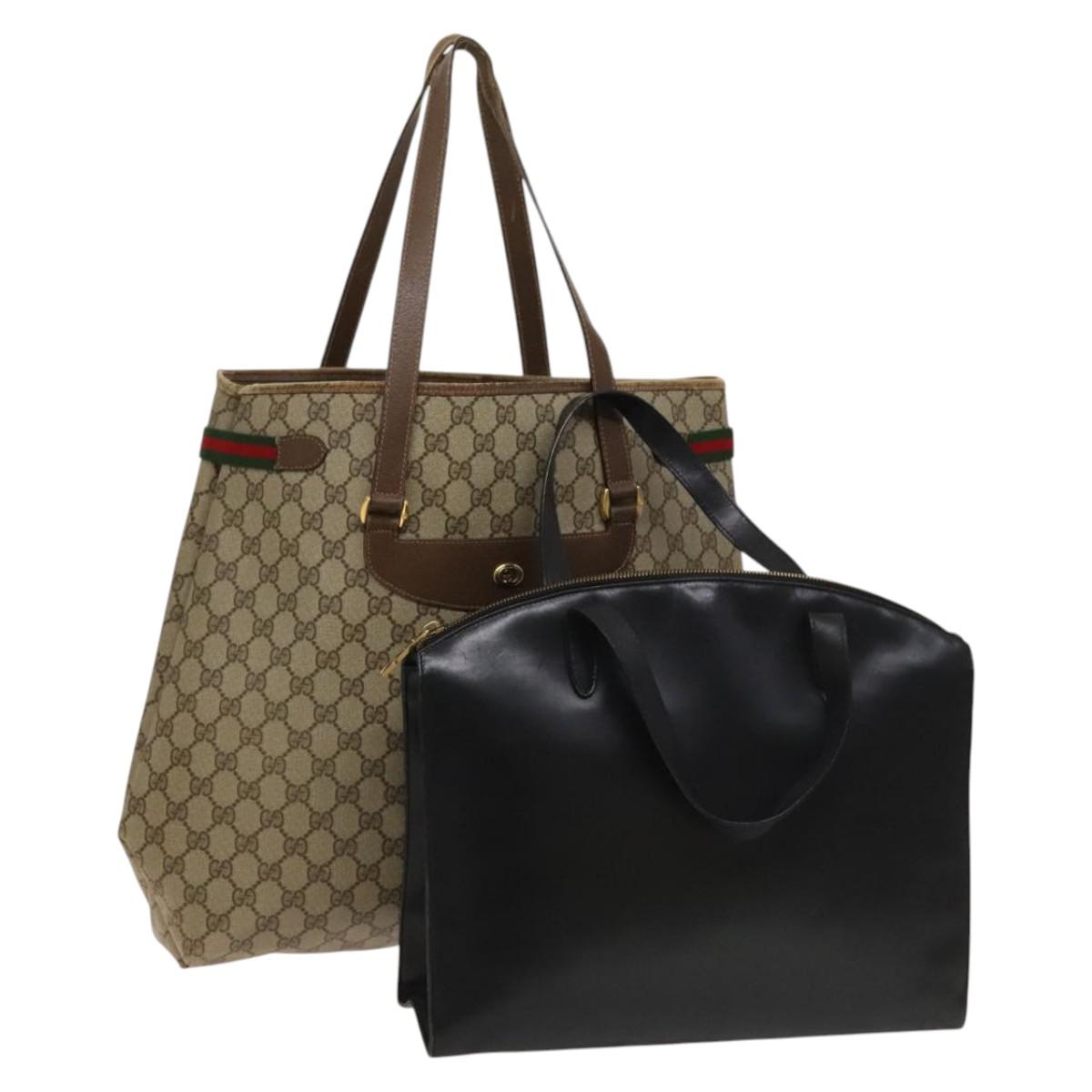 GUCCI Tote Bag PVC Leather 2Set Beige Black gold Auth 129585