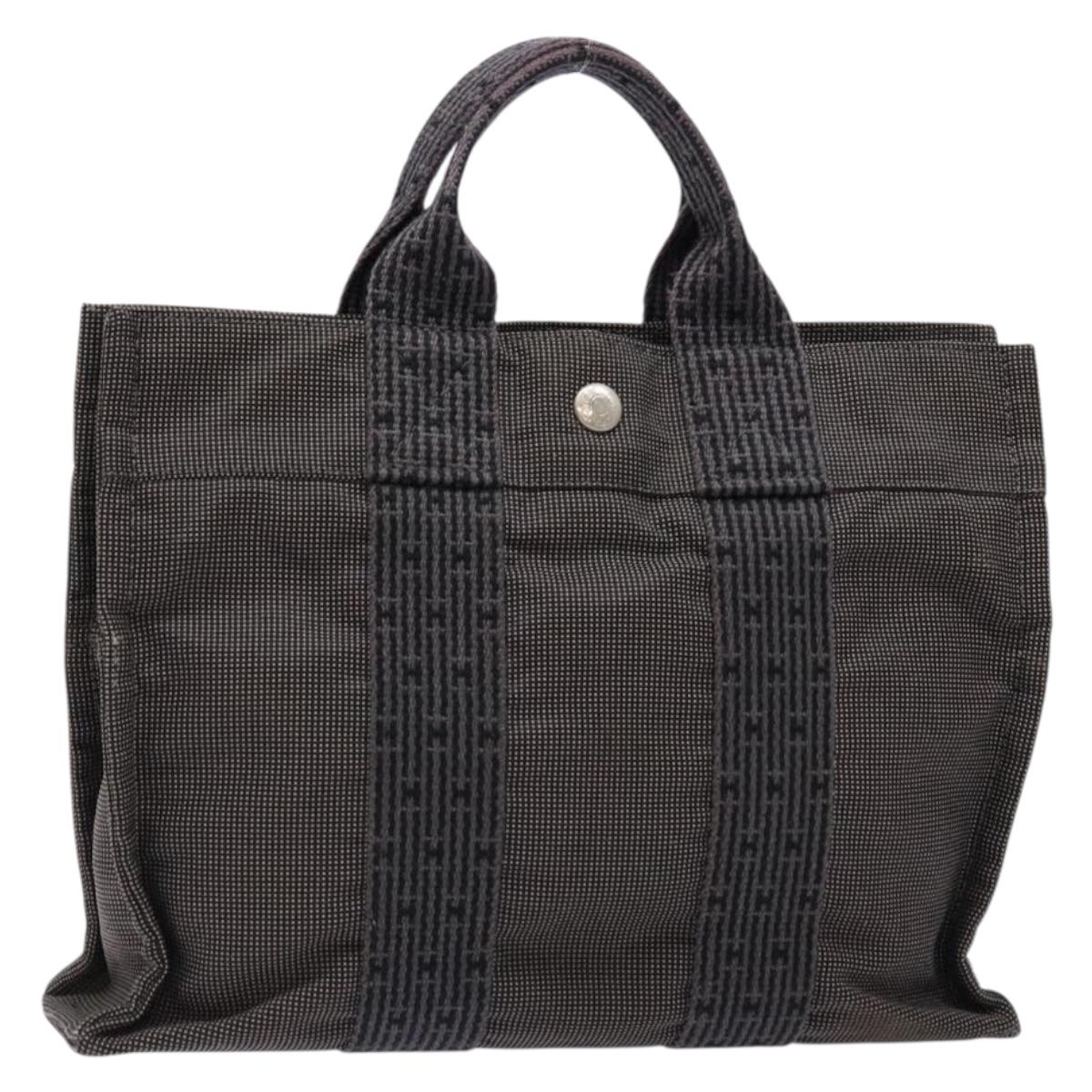 HERMES Her Line PM Hand Bag Canvas Gray Silver Auth 129601